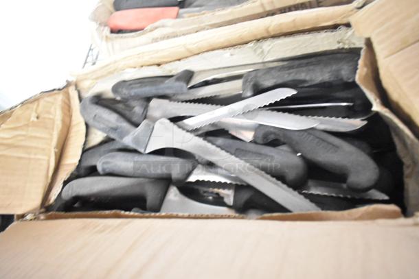 Box of 200 sharpened stainless steel knives, including filet, serrated, and rocking cutter knives, with black handles.
