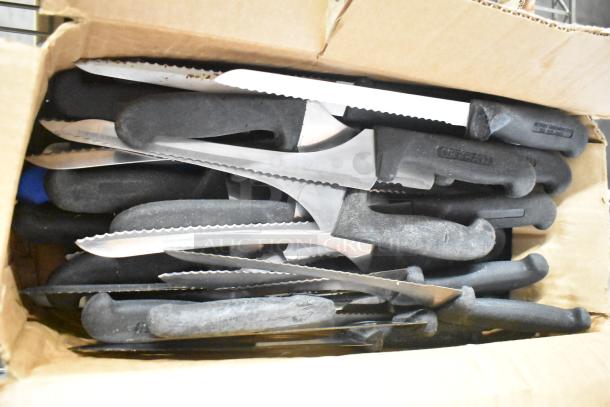 Box of 180 sharpened stainless steel knives, including chef and serrated knives, with black handles.