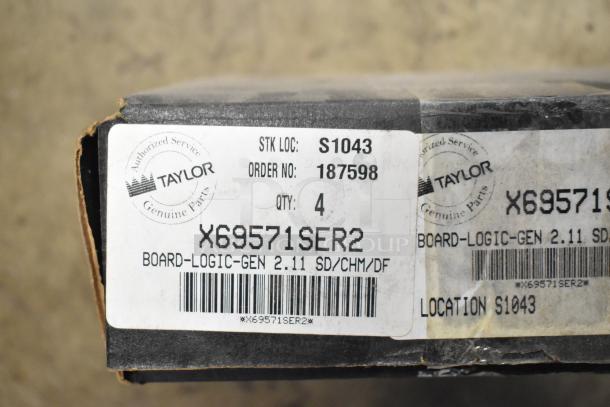 Box of Taylor parts featuring a label with "X69571SER2 BOARD-LOGIC-GEN 2.11," showing order details and storage info.