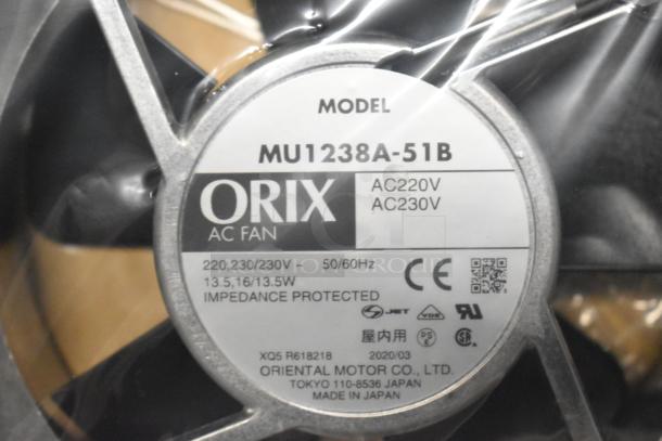 Orix AC fan, model MU1238A-51B, 220/230V, 13.5W, impedance protected, made by Oriental Motor Co., Ltd. Japan.
