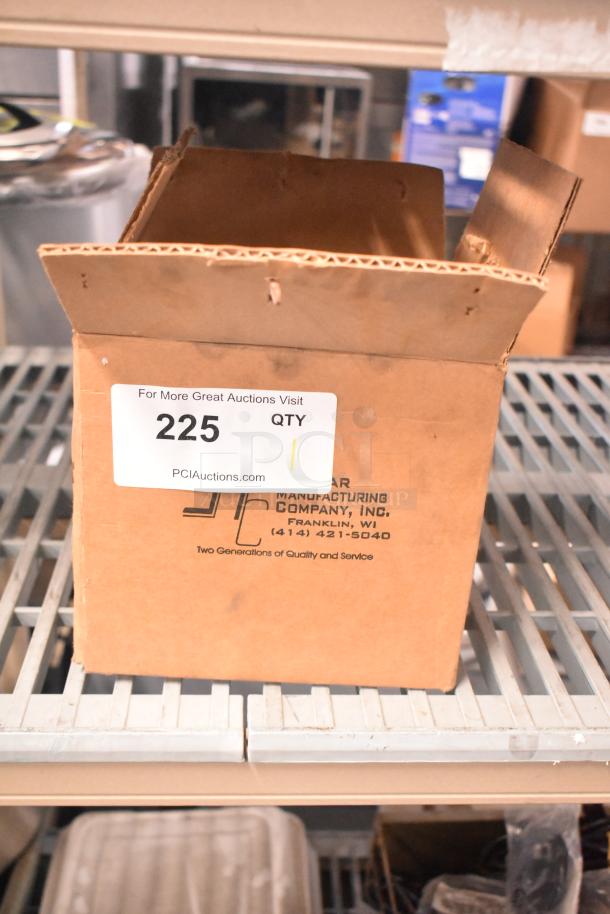 Cardboard box labeled "Taylor Gear Reducer" from Par Manufacturing Co., open, on a metal shelf. Auction tag "225 QTY" visible.