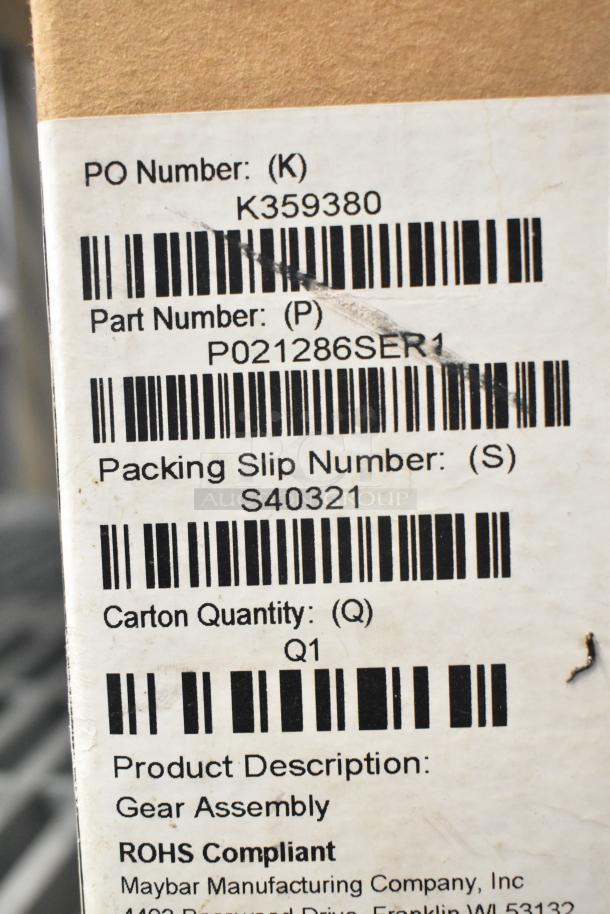 "Taylor Gear Reducer label displaying PO Number K359380, Part Number P021286SER1, and ROHS Compliant from Maybar Manufacturing."