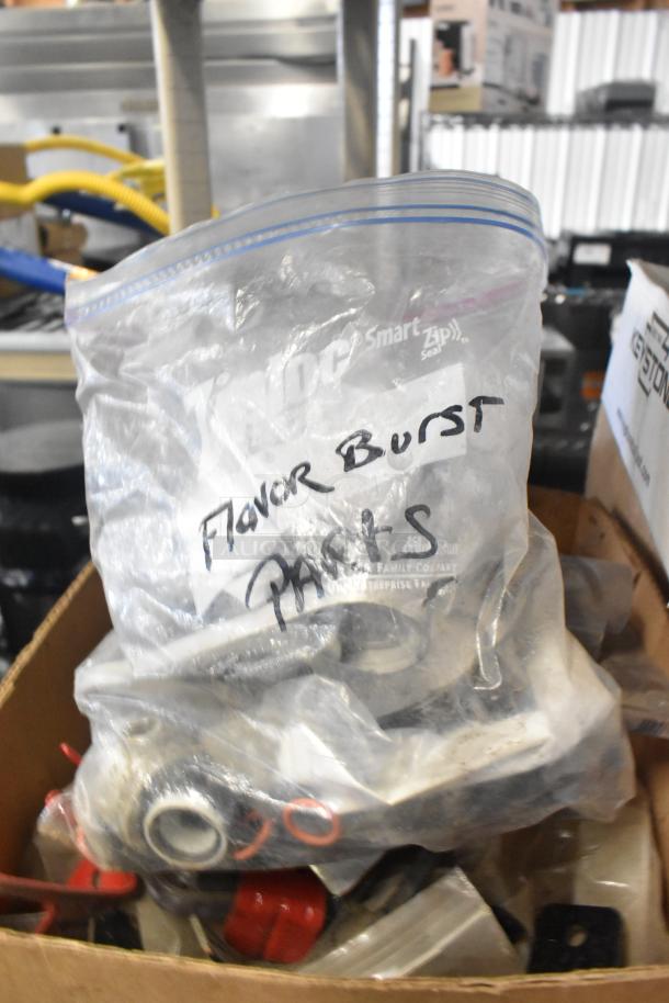 "ALL ONE MONEY!" lot with Flavor Burst parts, drop-in bin, Turbochef kickplate, ballasts in plastic bag, used condition.