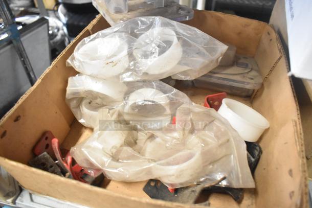 Box of mixed items including Flavor Burst parts, ballasts, turbochef kickplate, and bin. Items in used condition.