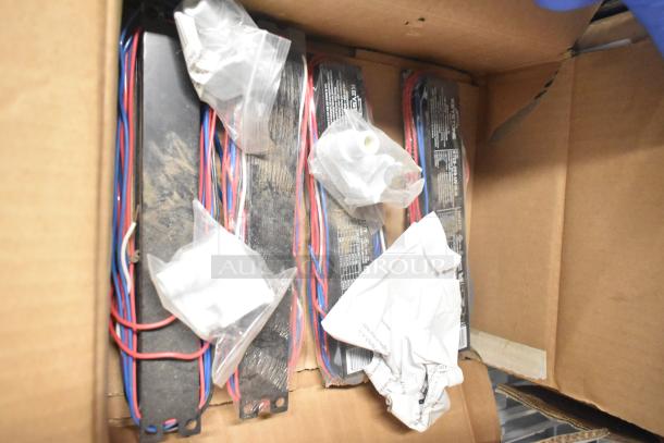 Box with Flavor Burst parts, Turbochef kickplate, various ballasts, and wiring. Shows wear, sold as tier lot.