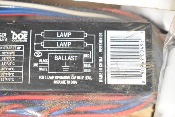 Lighting ballast with wiring diagram, labeled for lamp operation, DOE compliant 2014, Version D1, Made in China.