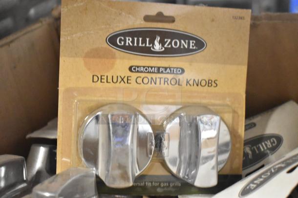 "Grill Zone chrome-plated deluxe control knobs in packaging, universal fit for gas grills, part of auction tier lot."