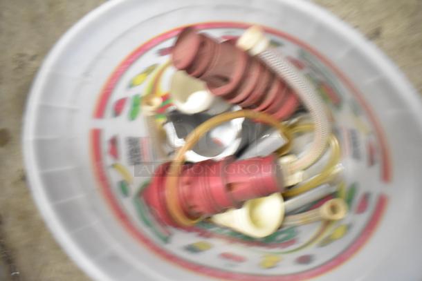 Lot of various parts including Flavor Burst parts, drop-in bin, Turbochef kickplate, and ballasts in a plastic bin.