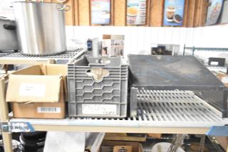 Tier lot of various items, including a large stainless steel pot, gray storage crate, and cardboard box. Items appear used.