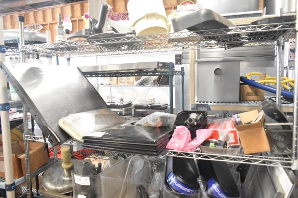 Lot of various items including ice cream machine lids, Ice Head panel, H-600 switch kit, portafilters, Danfoss filter drier, spouts.