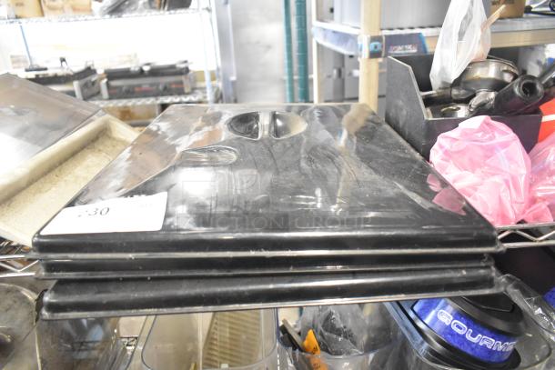 Tiered lot featuring ice cream machine lids, ice head panel, H-600 switch kit, portafilters, and Bunn dispenser spouts.