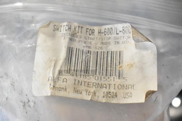 SWITCH KIT FOR H-600/L-800, includes start/stop switch and new plate, made in USA by Alfa International, appears worn.
