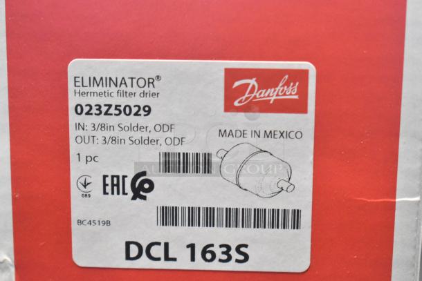 Danfoss Eliminator Hermetic Filter Drier, model 023Z5029, labeled for 3/8in Solder ODF, made in Mexico.