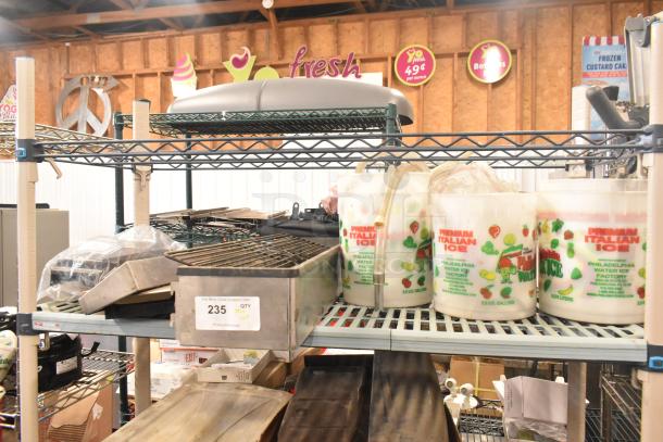 Auction lot with Turbochef kickplate, Taylor ice cream drip tray, beverage machine drip tray, and Italian ice containers.