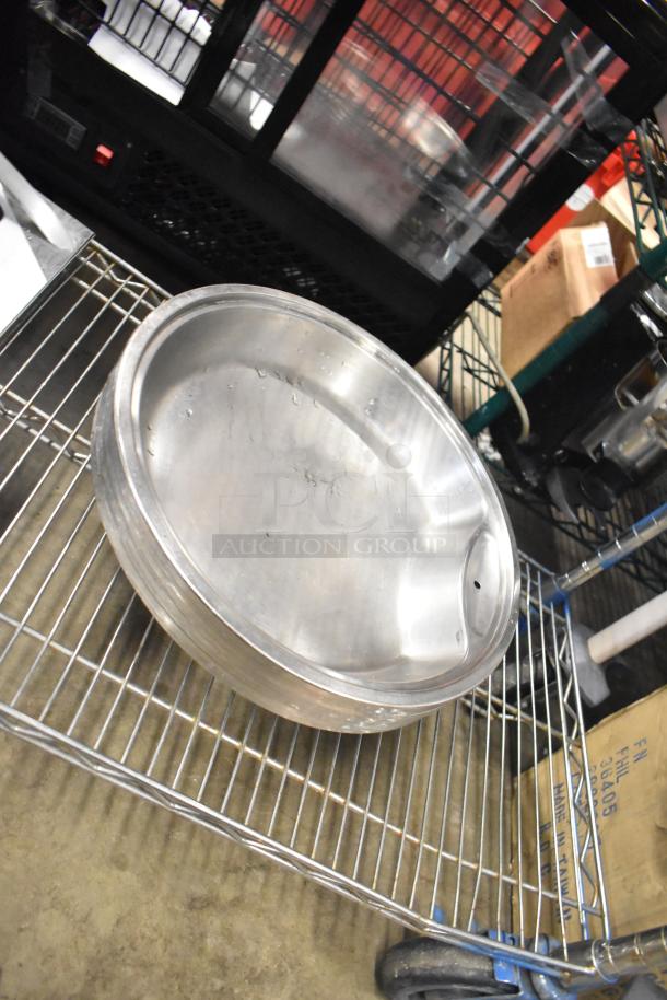Stainless steel drop-in bins on metal rack, in good condition, with other kitchen items. Auction lot includes 12 items.
