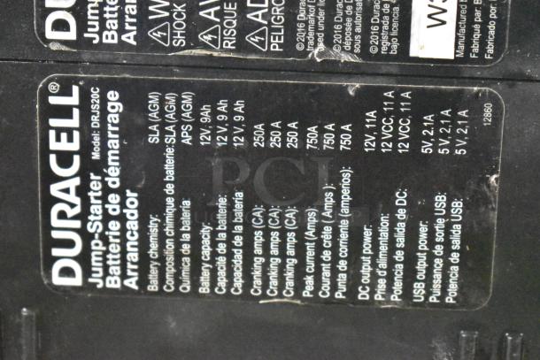 Duracell Jump Starter and Compressor, Model DRJS20C; features include 12V battery with 250A cranking, 750A peak current, USB, and DC output.