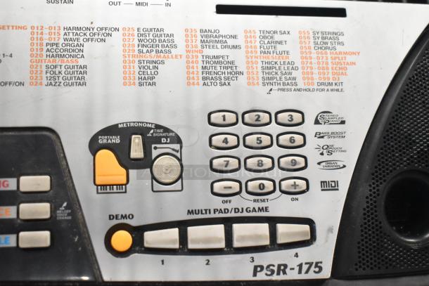 Yamaha PSR-175 keyboard close-up, featuring metronome controls, demo buttons, and sound settings. Visible models and features.