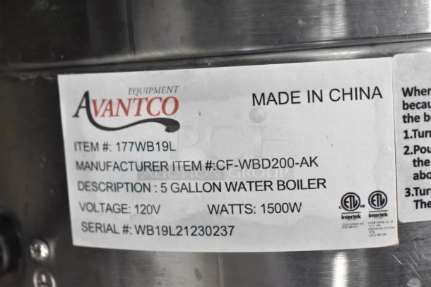 Avantco 177WB19L Countertop Water Boiler tag displaying model, 5-gallon capacity, 120V, 1500W, and serial number.