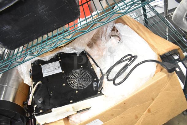 Mr Induction SR-650M Single Burner Induction Range, 120V, shown unpacked with visible fan and power cord. Model label visible.