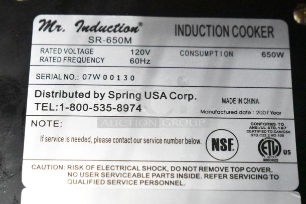 Label on Mr Induction SR-650M Single Burner Induction Range. Shows 120V, 650W, NSF certified, serial 07W 00130, made in 2007.