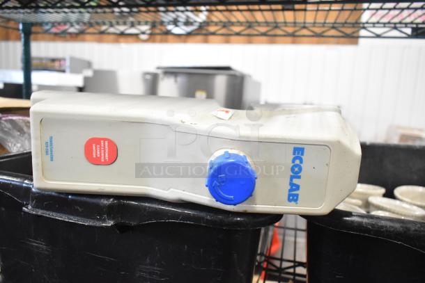 ALL ONE MONEY! Lot featuring Ecolab dispenser, white ceramic ramekins, and black poly bus bins; mixed condition.