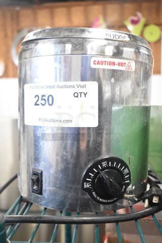 "Server SBW countertop topping warmer, stainless steel, features adjustable dial, 120V, one phase; caution and auction labels visible."