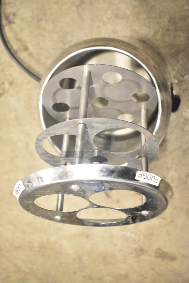 Server SBW Countertop Topping Warmer, 120V, stainless steel, shown with insert holder. Marked "FUDGE" on ring.
