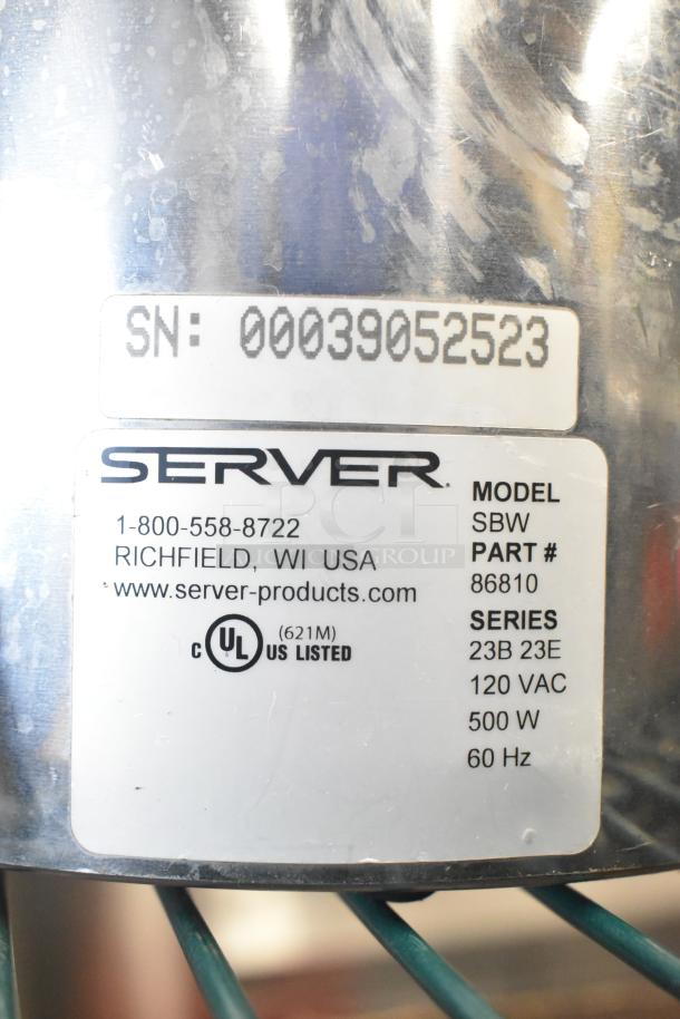 Server SBW Countertop Topping Warmer label shows model SBW, 120V, 500W, 60Hz, Series 23B 23E. Serial number 00039052523.