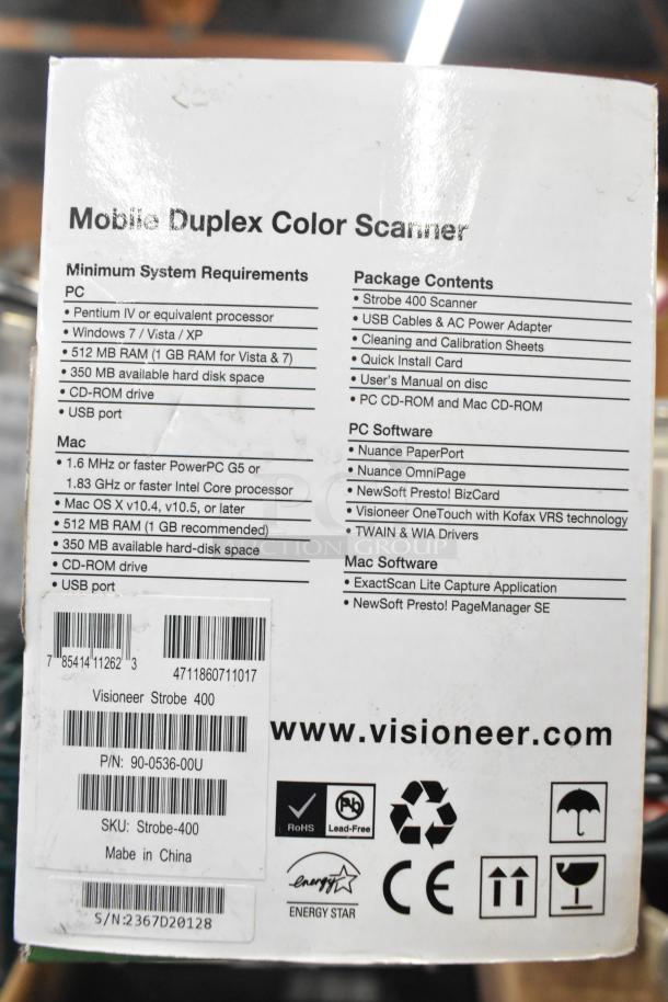 Original box for Visioneer Strobe 400 Duplex Color Scanner showing system requirements, package contents, and software details.