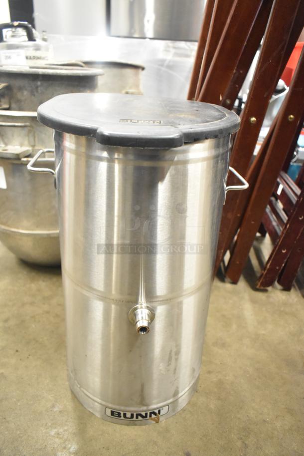 Bunn Countertop Beverage Holder Dispenser, stainless steel, with lid and spout, visible brand logo, in used condition.