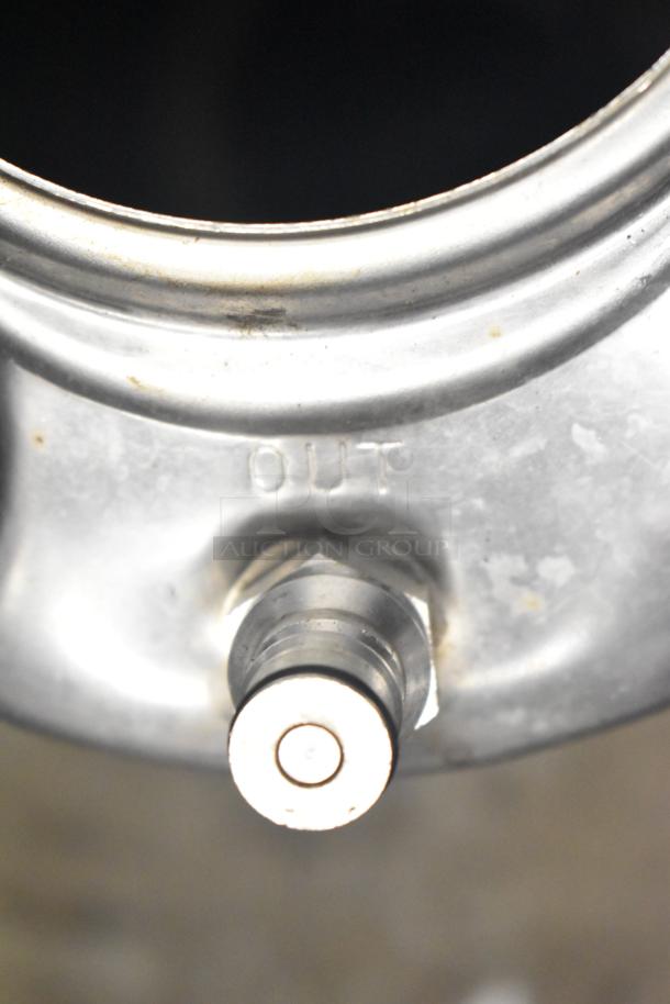 Ball Lock Keg with "OUT" marking visible, stainless steel material, shows mild wear, suitable for homebrewing.