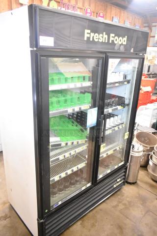 True GDM-49 2-Door Reach-In Cooler Merchandiser, 115V, clean exterior, shelves visible, labeled "Fresh Food."
