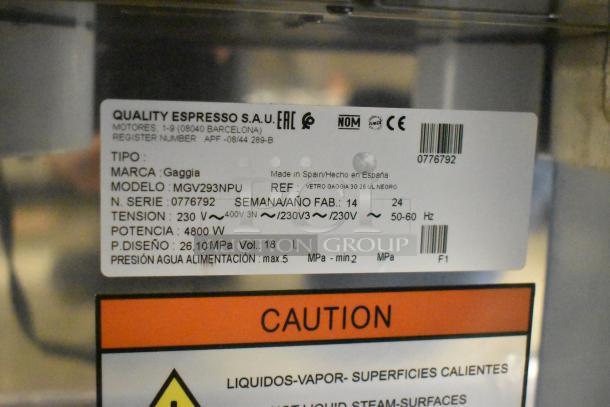 Gaggia MGV293NPU Vetro Black 3 Group Automatic Espresso Machine, 220/230V, new condition, scratch and dent, model details visible.
