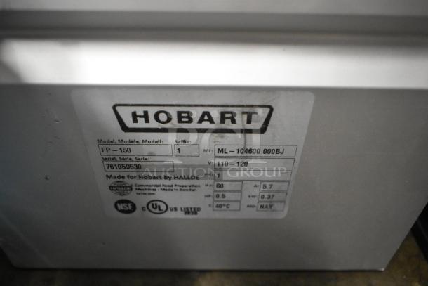 Hobart FP-150 countertop food processor label, showing model and electrical specs, 110-120V, 1 phase.