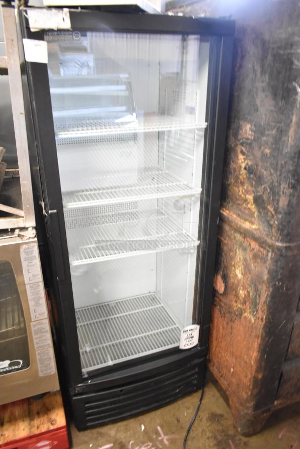 IDW G-12-F334B-HC commercial single-door cooler, glass front, 115V, 1 phase, four shelves, black trim, used condition.