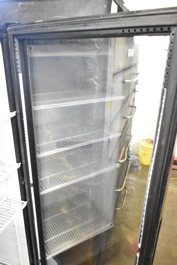 IDW G-12-F334B-HC commercial single-door cooler, glass front, multiple shelves, 115 volts, fair condition.