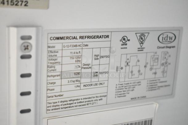 IDW G-12-F334B-HC cooler label, 11.4 cu.ft., 115V, R290 refrigerant, indoor use, UL listed, shows technical specs and circuit diagram.
