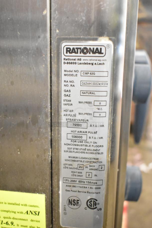 Rational CMP62G gas combi oven with equipment stand, 79,500/106,000 BTU capacity. Model label shows CMP62G, natural gas type.