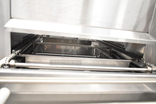 Belshaw Adamatic TG-50 Thermoglazing Station, stainless steel, 208V, 1 phase, on commercial casters, interior view.