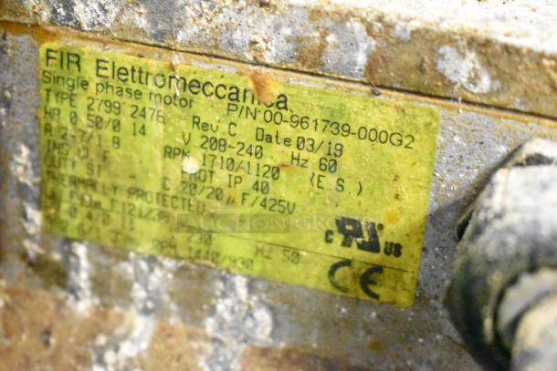 A close-up of an identification label on a FIR Elettromeccanica single-phase motor. Details include part number 00-961739-000G2, voltage 208-240V, and RPM 1710/1120, dated 03/19.