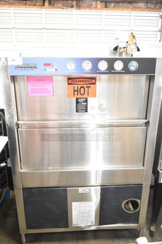 Brand new Douglas SD-20-ELEL commercial front load pot and pan washer, 480V, 3 phase, with "HOT" warning label.
