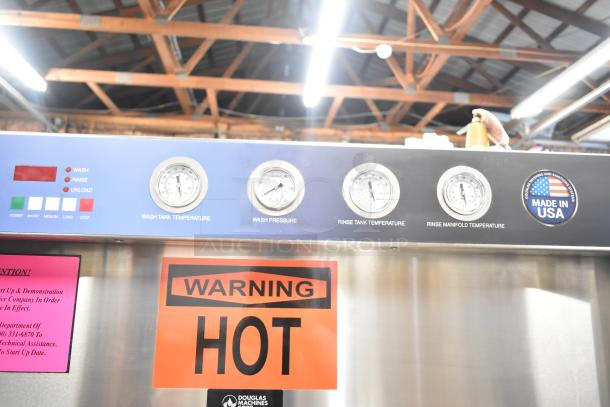 Douglas SD-20-ELEL pot and pan washer. New, scratch and dent. 480V, 3-phase. Wash temp gauges and warning labels visible.