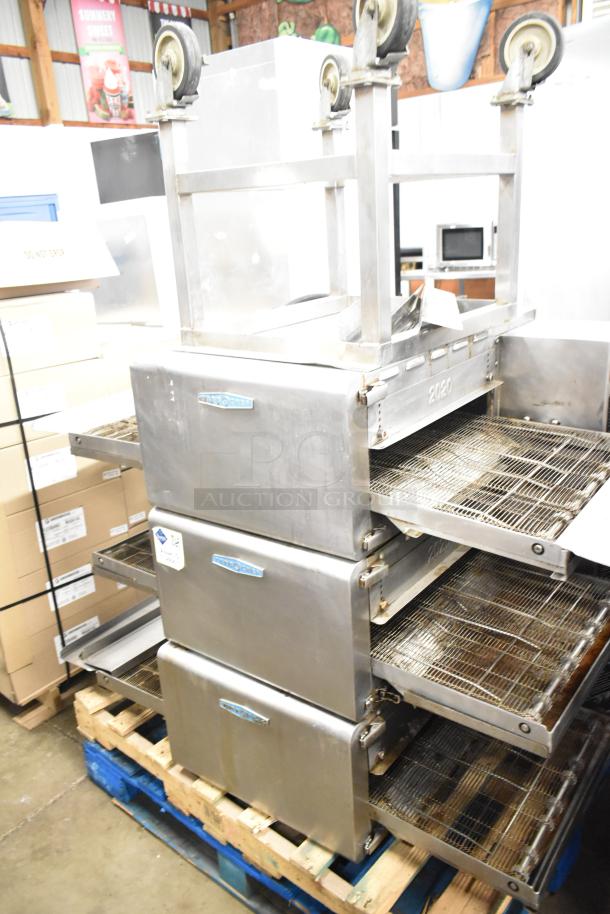 Three 2017 Turbochef HhC2020 commercial electric conveyor ovens with stand, 208/240V, 3-phase, on a wooden pallet.
