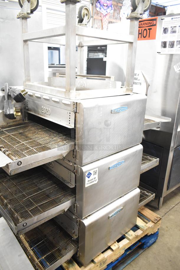 Turbochef HhC2020 commercial electric conveyor ovens, 2017 model, with equipment stand, 208/240V, 3 phase.