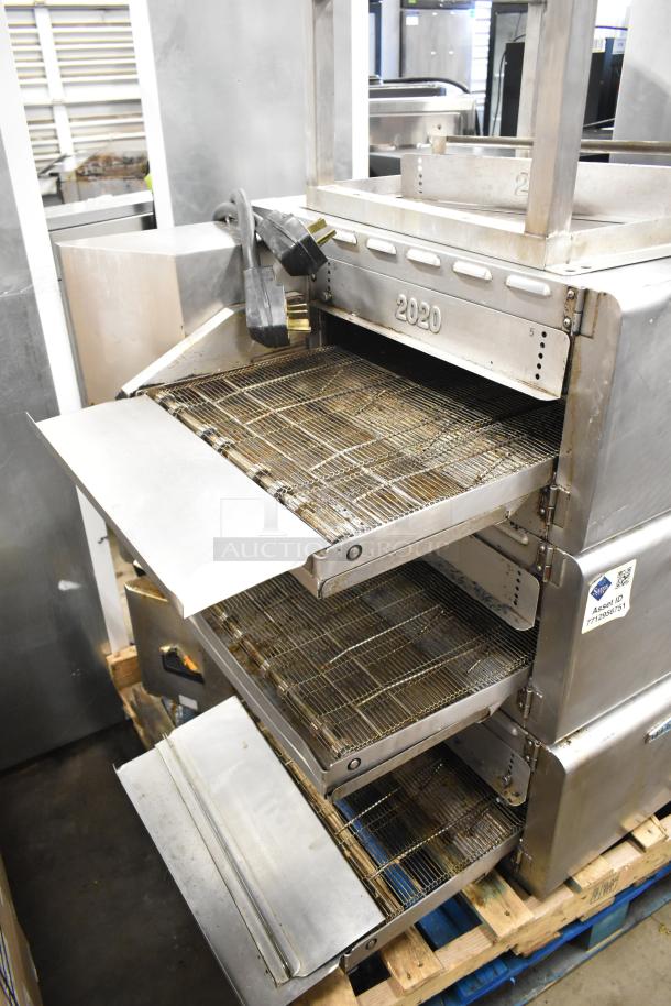 Turbochef HhC2020 conveyor ovens, electric, 208/240V, 3 phase, includes equipment stand, used condition, asset tag visible.