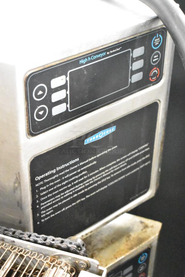 Turbochef HhC2020 commercial conveyor oven, control panel view, with operating instructions label.