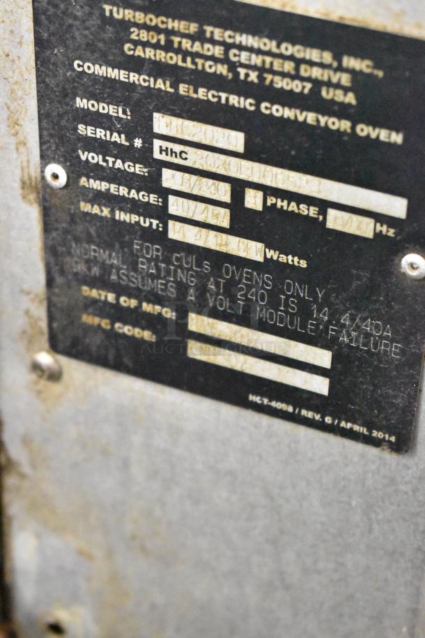 Turbochef HhC2020 commercial conveyor oven label showing model, voltage, and phase specifications. Good condition.