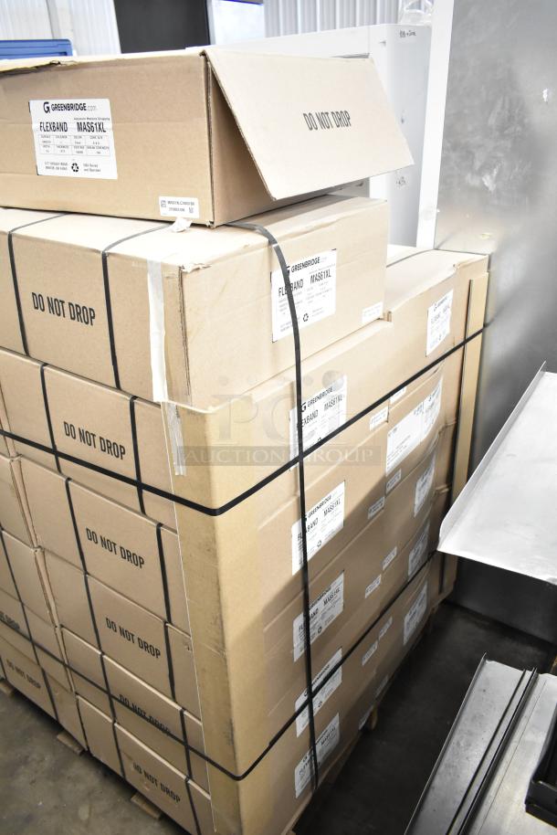 23 new Greenbridge Flexband MAS61XL boxes on a pallet for automatic machine strapping, labeled "Do Not Drop."