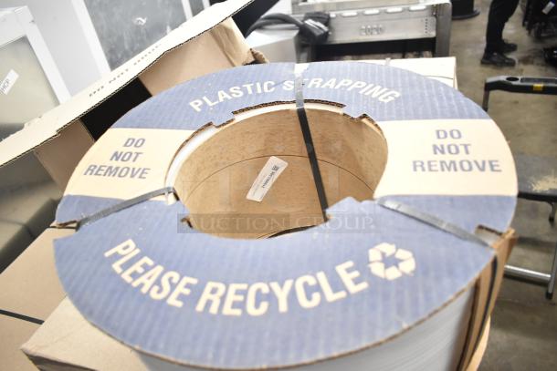 Brand new Greenbridge Flexband MAS61XL cords for automatic machine strapping, in box. Labels advise recycling and not removing band.