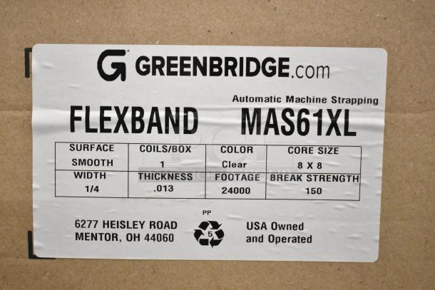 Alt text: "Greenbridge Flexband MAS61XL cords, clear, for automatic strapping. New in box, 1/4in wide, 24000ft, break strength 150."